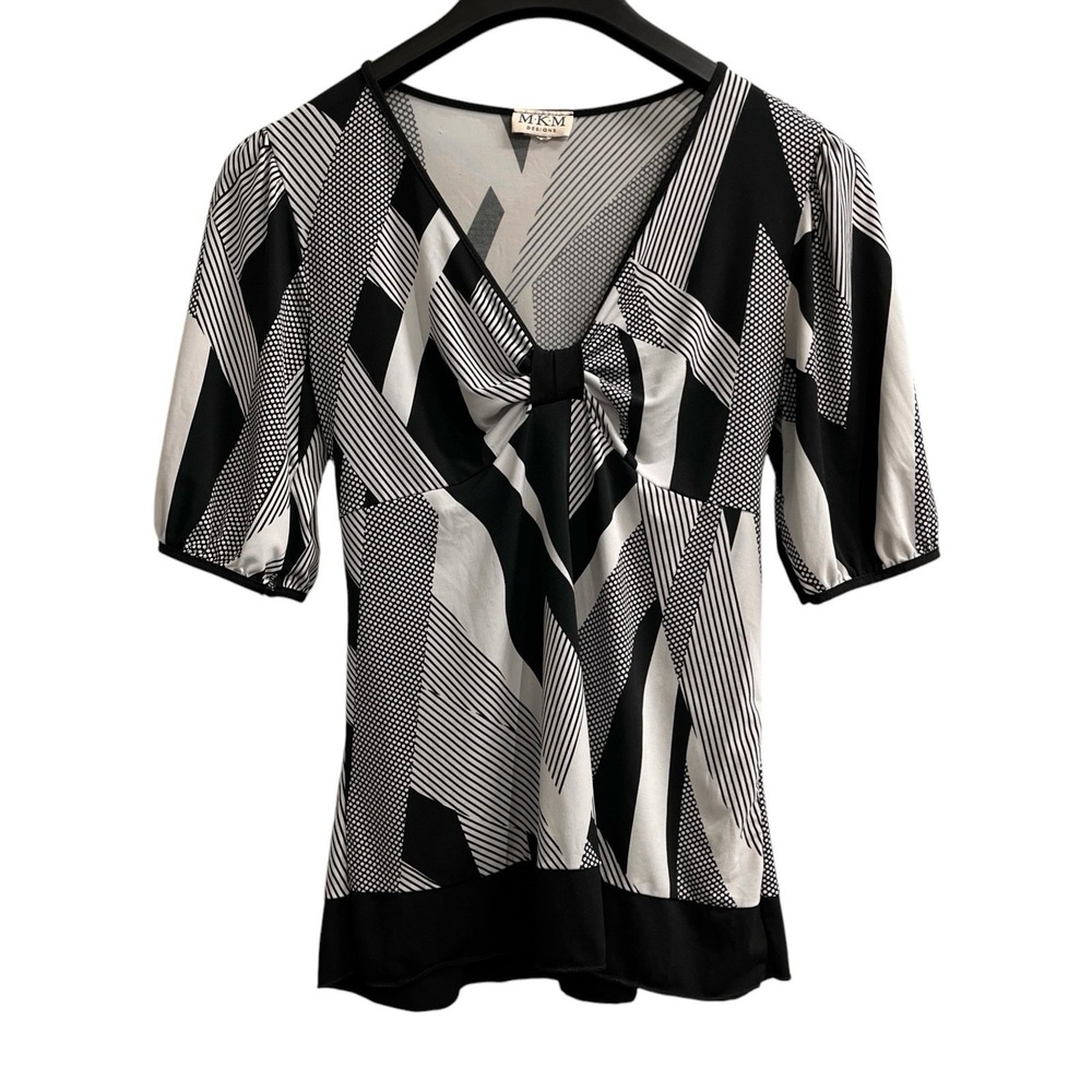 Vintage MKM Designs Top Black Geometric Babydoll Size M Deep V Neck Y2K Retro